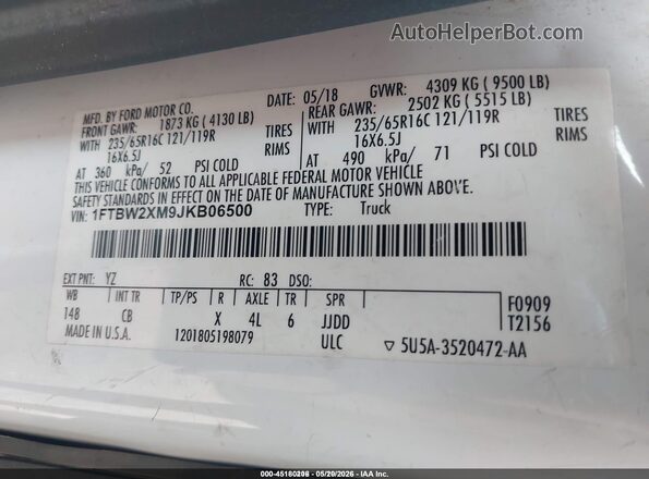 1FTBW2XM9JKB06500 2018 FORD TRANSIT-350 White 
