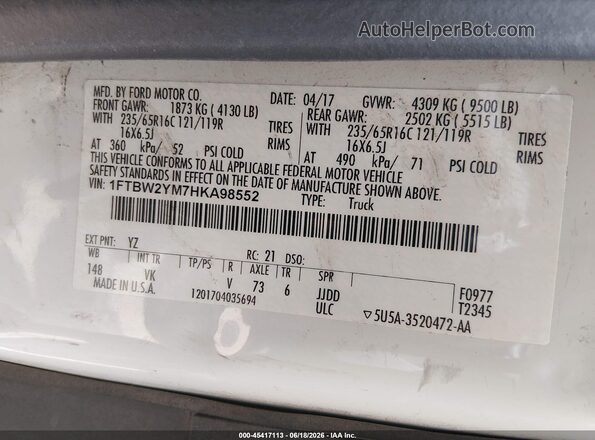 1FTBW2YM7HKA98552 2017 FORD TRANSIT-350 White Շարժիչի բաժամունքի տեսք