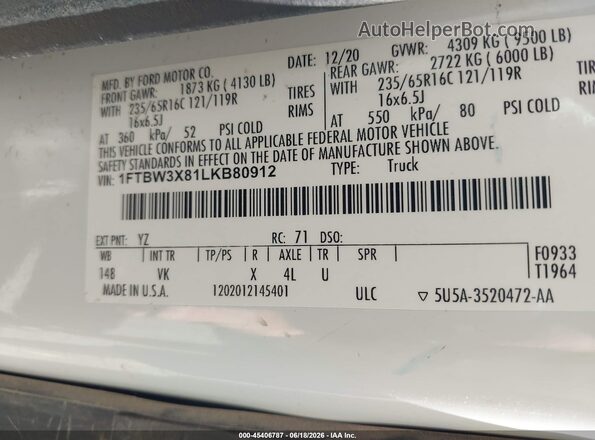 1FTBW3X81LKB80912 2020 FORD TRANSIT-350 White 