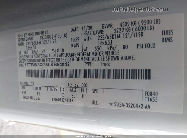 1FTBW3XG5LKB64042 2020 FORD TRANSIT-350 White Շարժիչի բաժամունքի տեսք