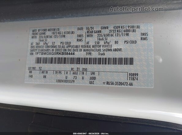 1FTBW3XG5RKB58444 2024 FORD TRANSIT-350 White Widok komory silnika