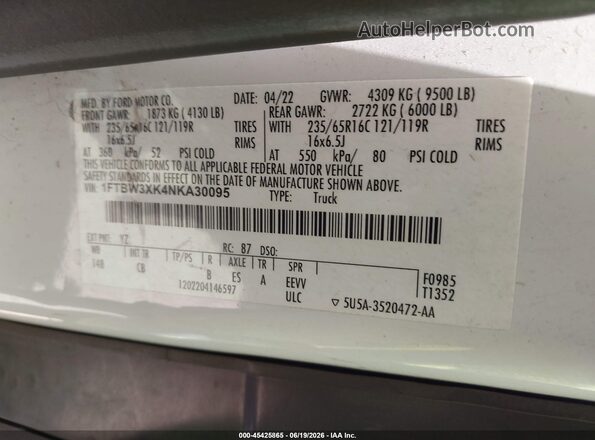 1FTBW3XK4NKA30095 2022 FORD E-TRANSIT-350 CARGO VAN White Vista del compartimento del motor