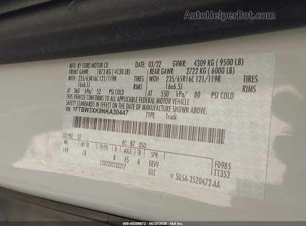 1FTBW3XK9NKA30447 2022 FORD E-TRANSIT-350 CARGO VAN White Задня права чверть