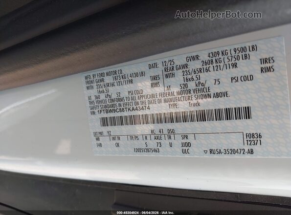 1FTBW9C88TKA43474 2026 FORD TRANSIT-350 White Widok komory silnika