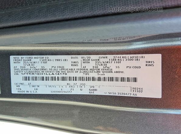 1FTER1EH1LLA14170 2020 FORD RANGER Gray 