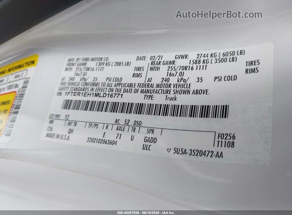 1FTER1EH1MLD16771 2021 FORD RANGER White Engine compartment view