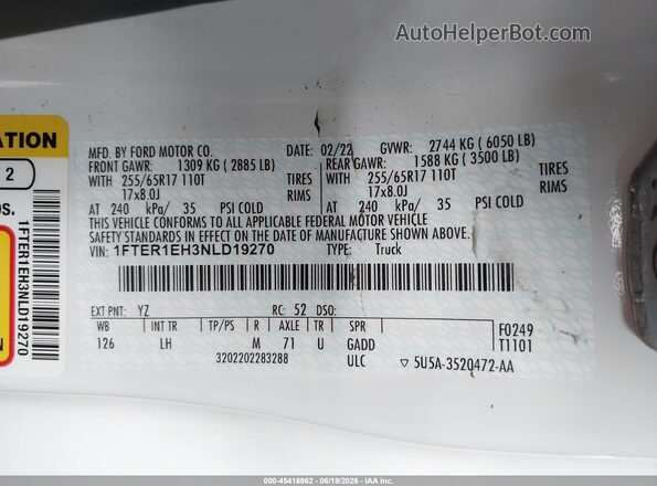 1FTER1EH3NLD19270 2022 FORD RANGER White Engine compartment view