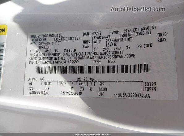 1FTER1EH4KLA12220 2019 FORD RANGER White Вид підкапотного простору