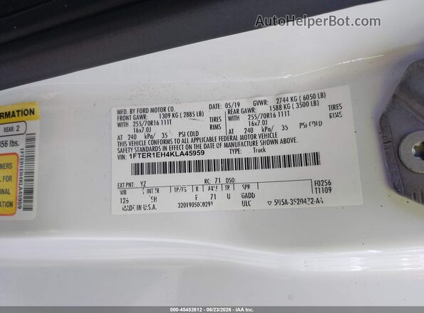 1FTER1EH4KLA45959 2019 FORD RANGER White Вид підкапотного простору