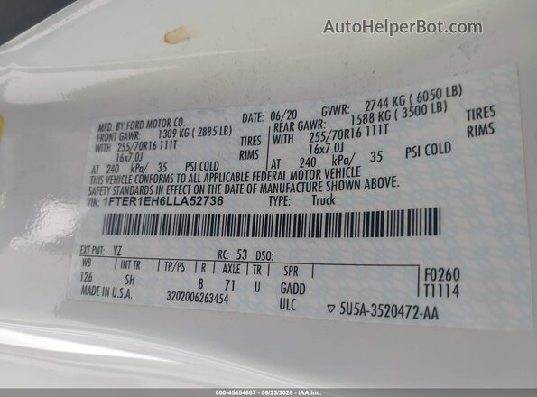 1FTER1EH6LLA52736 2020 FORD RANGER White Вид підкапотного простору