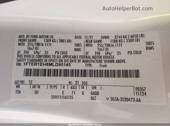 1FTER1EH8MLD95145 2021 FORD RANGER White Engine compartment view
