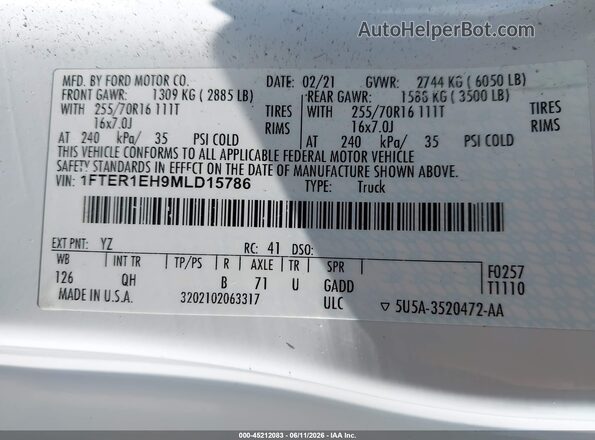 1FTER1EH9MLD15786 2021 FORD RANGER White Engine compartment view