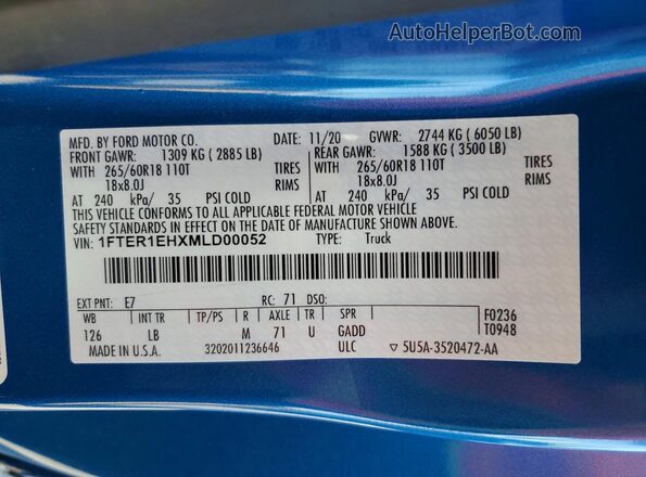 1FTER1EHXMLD00052 2021 FORD RANGER Blue Շարժիչի բաժամունքի տեսք