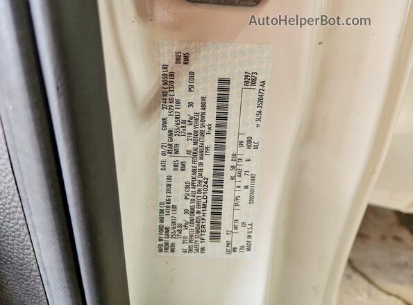 1FTER1FH1MLD10242 2021 FORD RANGER White Vista de la etiqueta del VIN