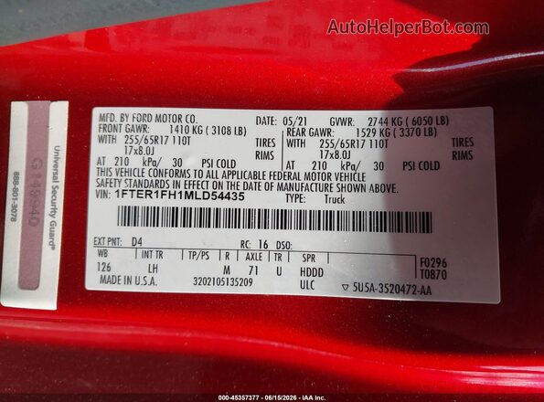 1FTER1FH1MLD54435 2021 FORD RANGER Red Շարժիչի բաժամունքի տեսք