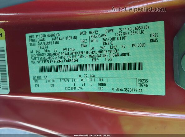1FTER1FH2NLD48404 2022 FORD RANGER Orange Engine compartment view