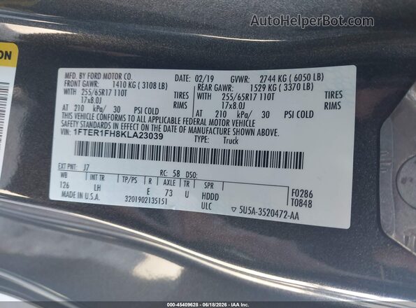 1FTER1FH8KLA23039 2019 FORD RANGER Gray Вид підкапотного простору