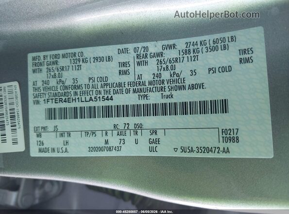 1FTER4EH1LLA51544 2020 FORD RANGER Silver Widok komory silnika