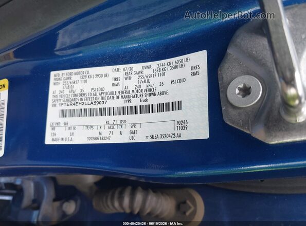 1FTER4EH2LLA59037 2020 FORD RANGER Blue Շարժիչի բաժամունքի տեսք