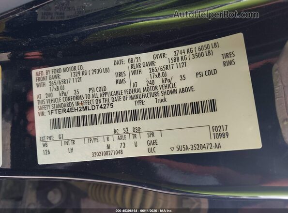 1FTER4EH2MLD74275 2021 FORD RANGER Black Vista del compartimento del motor