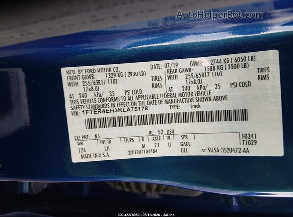 1FTER4EH3KLA75178 2019 FORD RANGER Blue Widok komory silnika