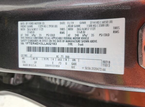 1FTER4EH3LLA02183 2020 FORD RANGER Gray Вид підкапотного простору