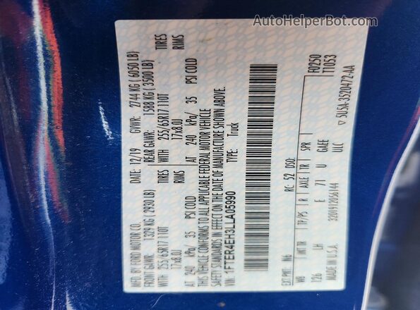 1FTER4EH3LLA05990 2020 FORD RANGER Blue VIN կոդի պիտակի տեսք