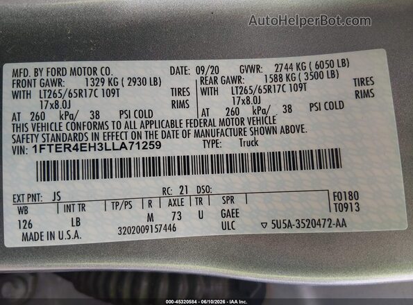 1FTER4EH3LLA71259 2020 FORD RANGER White ძრავის განყოფილების ხედი