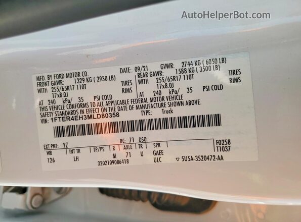 1FTER4EH3MLD80358 2021 FORD RANGER White ძრავის განყოფილების ხედი