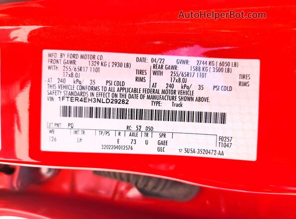 1FTER4EH3NLD29282 2022 FORD RANGER Red Շարժիչի բաժամունքի տեսք