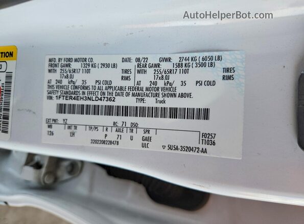 1FTER4EH3NLD47362 2022 FORD RANGER White Vista de la etiqueta del VIN