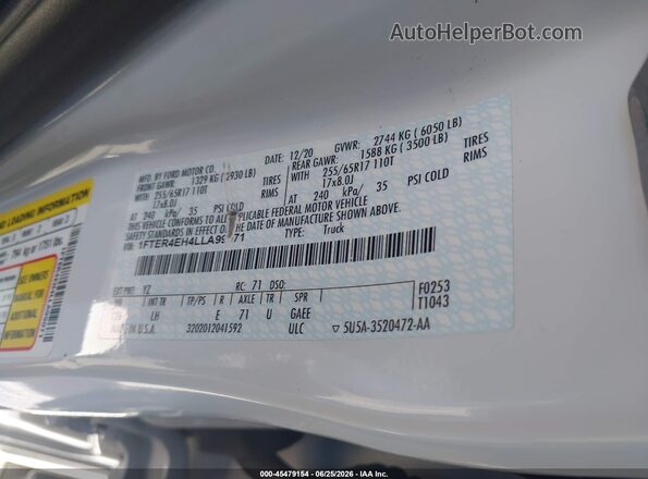 1FTER4EH4LLA99071 2020 FORD RANGER Белый Вид подкапотного пространства