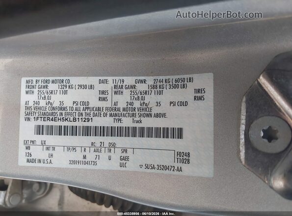 1FTER4EH5KLB11291 2019 FORD RANGER Silver Вид підкапотного простору