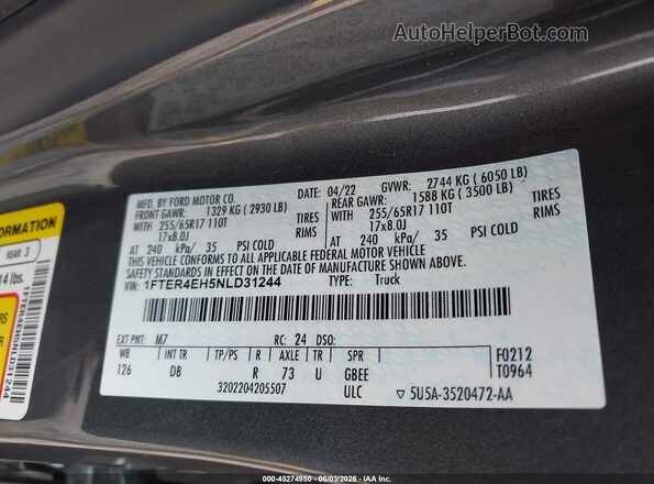 1FTER4EH5NLD31244 2022 FORD RANGER Gray Vista del compartimento del motor