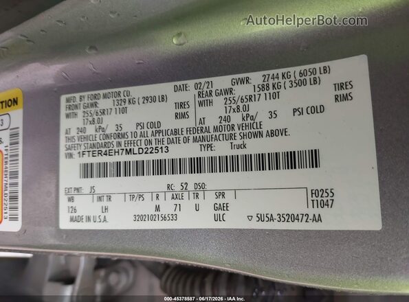1FTER4EH7MLD22513 2021 FORD RANGER Gray Engine compartment view