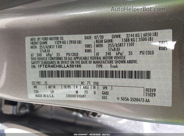 1FTER4EH8LLA59186 2020 FORD RANGER Silver Vista del compartimento del motor