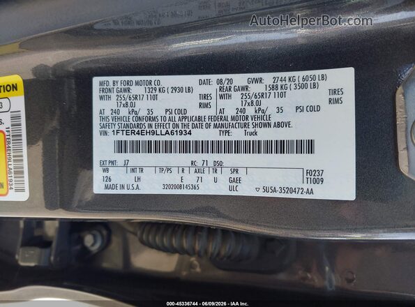 1FTER4EH9LLA61934 2020 FORD RANGER Серый 