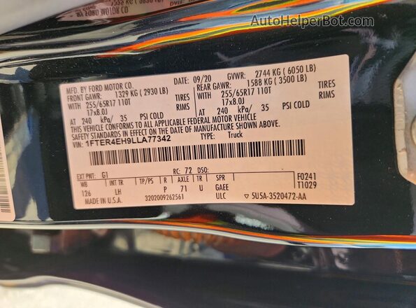 1FTER4EH9LLA77342 2020 FORD RANGER Black Widok naklejki z numerem VIN