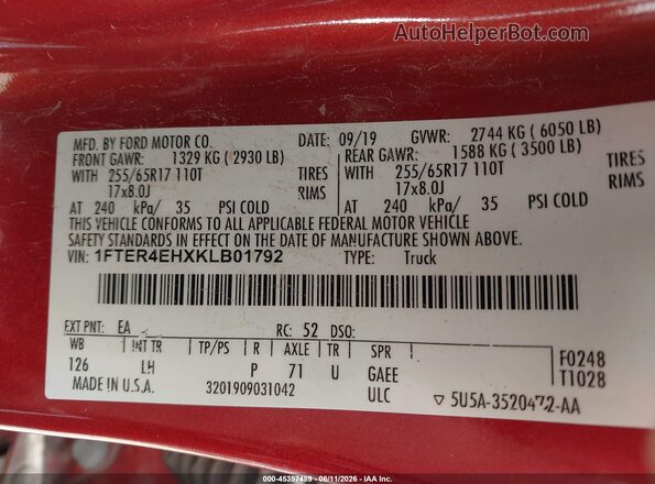 1FTER4EHXKLB01792 2019 FORD RANGER Red Вид підкапотного простору