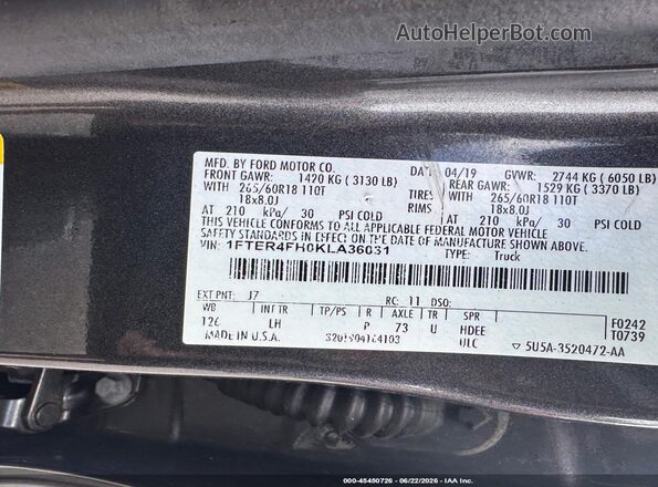 1FTER4FH0KLA36031 2019 FORD RANGER Gray ძრავის განყოფილების ხედი