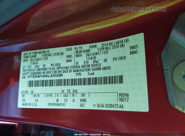 1FTER4FH0KLA53296 2019 FORD RANGER Red Engine compartment view
