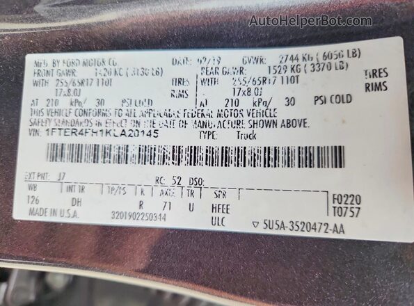 1FTER4FH1KLA20145 2019 FORD RANGER Gray Вид підкапотного простору