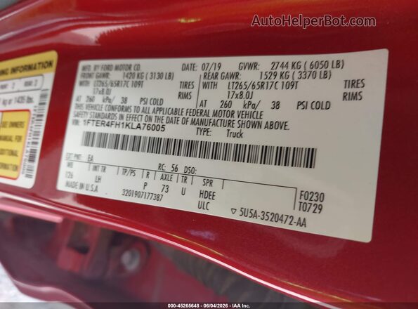 1FTER4FH1KLA76005 2019 FORD RANGER Красный Вид подкапотного пространства