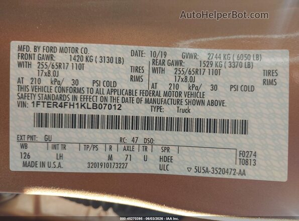 1FTER4FH1KLB07012 2019 FORD RANGER Orange Engine compartment view