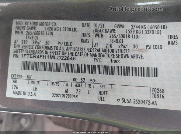 1FTER4FH1MLD22845 2021 FORD RANGER Серый Вид подкапотного пространства