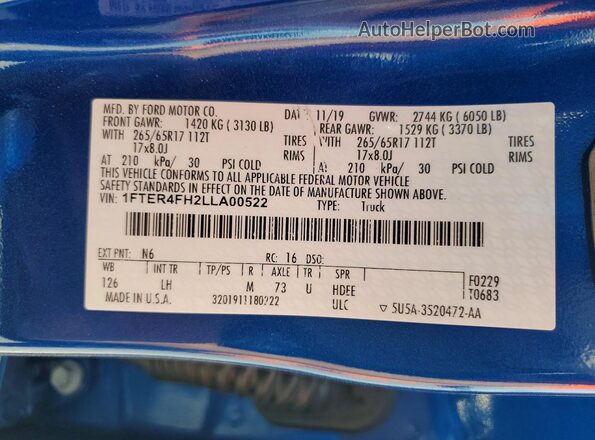 1FTER4FH2LLA00522 2020 FORD RANGER Синий Вид наклейки с VIN-кодом