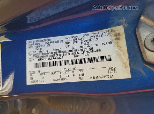 1FTER4FH2LLA46223 2020 FORD RANGER Синий Вид подкапотного пространства