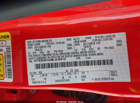 1FTER4FH2MLD38018 2021 FORD RANGER Red Engine compartment view