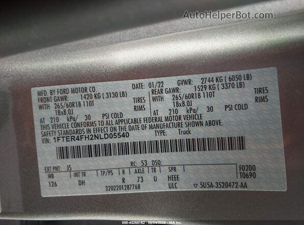 1FTER4FH2NLD05540 2022 FORD RANGER Silver ძრავის განყოფილების ხედი