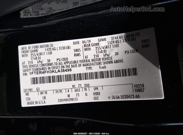 1FTER4FH3KLA38498 2019 FORD RANGER Black Vista del compartimento del motor